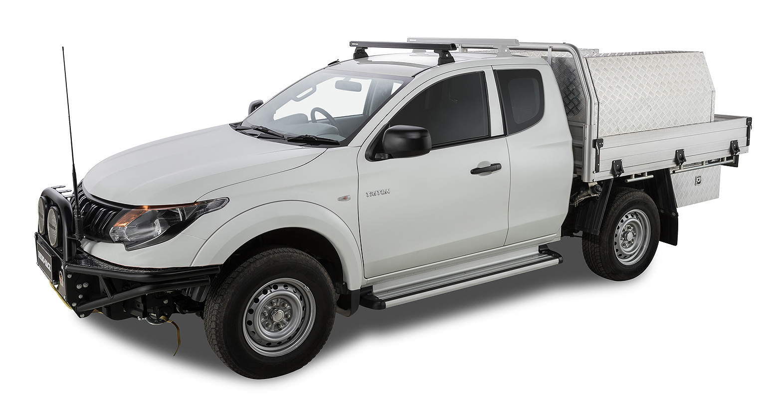 Rhino Rack JA8808 Heavy Duty RLT600 Ditch Mount Black 1 Bar Roof Rack (Front) for Mitsubishi Triton MQ-MR Extra Cab Ute with Bare Roof (2015 onwards) - Factory Point Mount